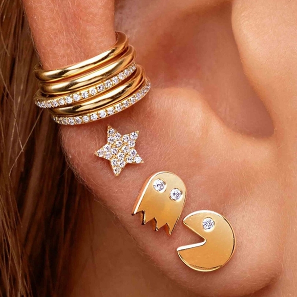 NEW 14k Gold Diamond Pac Man Stud Earrings - Picture 5 of 8